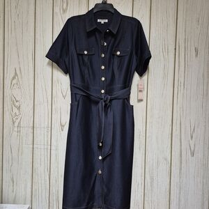 Nanette Lepore Navy Button-Front Midi Shirt Dress with Tie Waist Pockets NWT 10